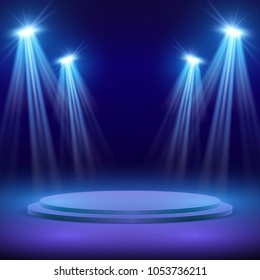 Concert Stage With Spot Light Lighting. Show Performance Background. Stage With Spotlight For Show Illuminated Illustration