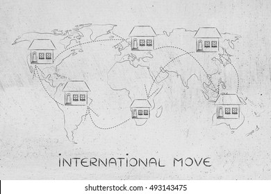 Concet Of Moving To Foreign Countries And Living As Expat: House Icon With Arrows Changing Position On Map Of The World Many Times