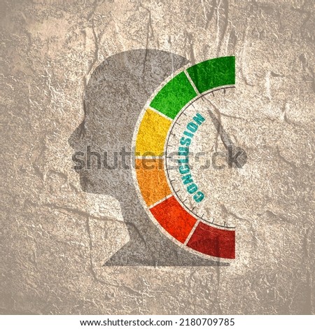 Conclusion measuring device with arrow and scale. Human head silhouette