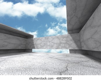 Concrete abstract architecture on cloudy sky background. 3d render illustration