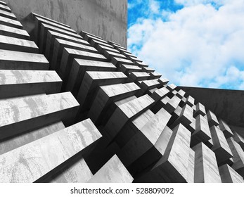 Concrete abstract architecture on cloudy sky background. 3d render illustration