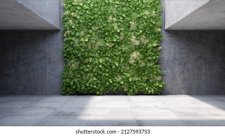 Concrete Architecture, Vertical Garden Wall, Green Plants Decoration. 3D Illustration, Rendering.