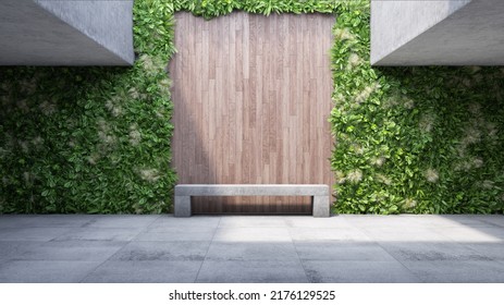 Concrete Architecture, Vertical Garden Wall And Bench, Green Plants Decoration. 3D Illustration, Rendering.