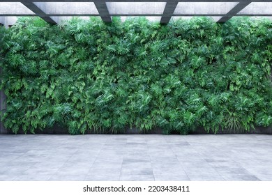 Concrete Architecture, Vertical Garden Wall, Green Plants Decoration. 3D Illustration, Rendering.