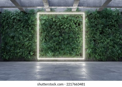 Concrete Architecture, Vertical Garden Wall, Green Plants Decoration With Square Neon Lights. 3D Illustration, Rendering.