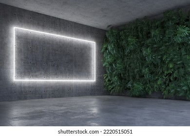 Concrete Architecture, Vertical Garden Wall, Green Plants Decoration With Square Neon Lights. 3D Illustration, Rendering.