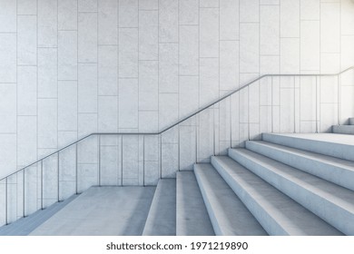 Concrete Bright Stairs With Empty Place On The Wall, Road To Success And Challenge Concept, 3d Rendering