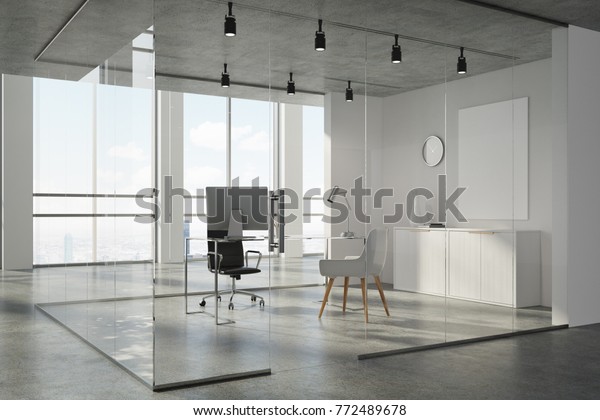 Concrete Ceiling Office Corner White Glass Stock