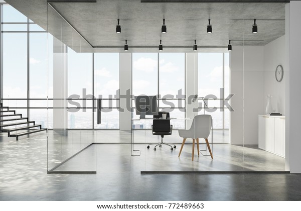 Concrete Ceiling Office Lobby White Glass Stock Illustration