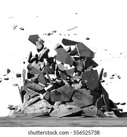 Concrete Chaotic Fragments Of Explosion Destruction. Abstract Background. 3d Render Illustration