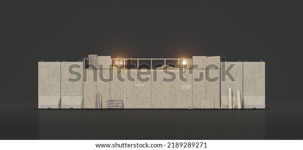 Concrete firewall, boundary wall with\
spotlights, military security wall, 3d rendering,\
nobody