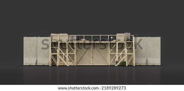 Concrete firewall, boundary wall with\
spotlights, military security wall, 3d rendering,\
nobody
