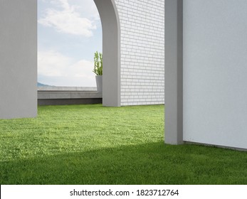 Concrete floor terrace and white brick wall in city park. 3d rendering of arch gate on green grass lawn with sea view.