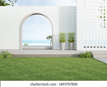 Concrete Floor Terrace And White Ventilation Block Wall In Luxury Hotel Or Beach House. 3d Rendering Of Arch Gate Near Green Grass Lawn With Sea View.