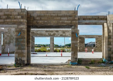 Concrete Foundation And Walls Of Single-family House, With Lake View, Under Construction In A Suburban Development In Southwest Florida. Digital Oil-painting Effect, 3D Rendering.