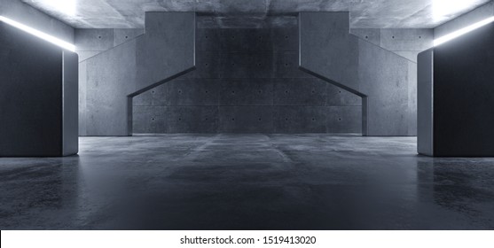 Concrete Grunge Big Hall Tunnel Alien Corridor Empty Futuristic Modern White Glowing Windows Stage Podium Industrial Garage Underground 3D Rendering Illustration