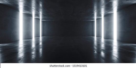 Concrete Grunge Big Hall Tunnel Alien Corridor Empty Futuristic Modern White Glowing Windows Stage Podium Industrial Garage Underground 3D Rendering Illustration