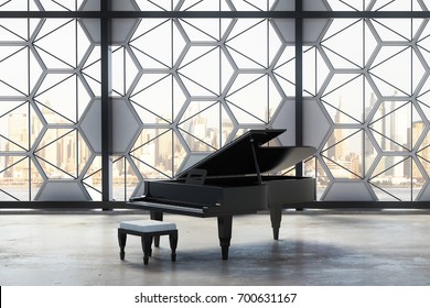 Concrete Interior With Black Piano And Creative Window Frame With City View And Daylight. Concert Concept. 3D Rendering 