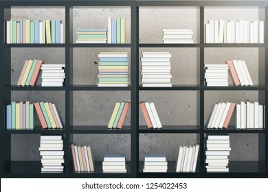 Concrete interior with bookshelf. Education, knowledge and library concept. 3D Rendering  - Shutterstock ID 1254022453