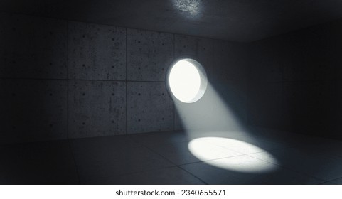 concrete interior with circular window through which beams of light enter. 3d render