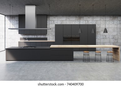 Concrete Kitchen Interior With A Concrete Floor, Black Cabinets And Consoles With Built In Cookers And A Balcony. 3d Rendering Mock Up