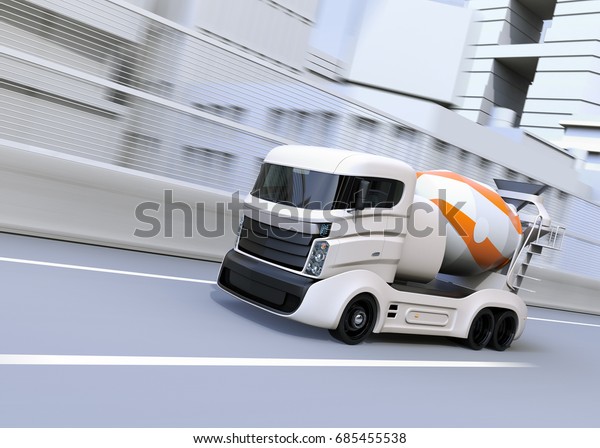 Concrete mixer electric truck driving on the\
highway. 3D rendering\
image.