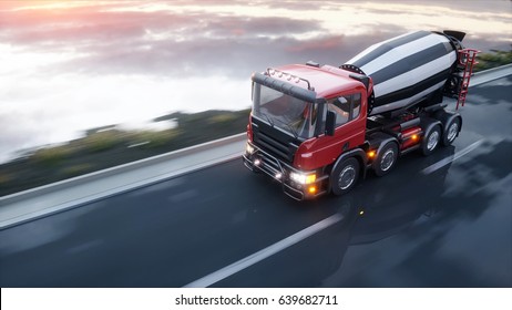 Concrete mixer truck on highway. Very fast driving. Building and transport concept. 3d rendering.