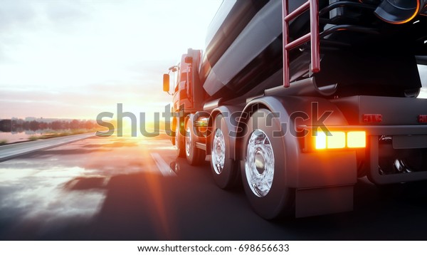 Concrete mixer truck on highway.\
Very fast driving. Building and transport concept. 3d\
rendering