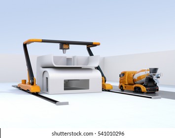 Concrete Mixer Truck In The Side Of Industrial 3D Printer Which Printing House. 3D Rendering Image.