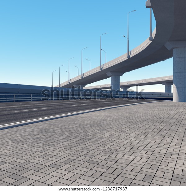 Concrete motorway junction with empty road. 3D\
illustration. 3D rendering.\
