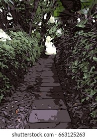 concrete path way around the tree in cartoon style