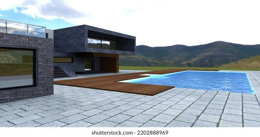 Concrete Rectangular Pavers In Front Of The Pool Of A Compact Villa Finished In Gray Slate Against The Backdrop Of Mountain Ranges. 3d Render.