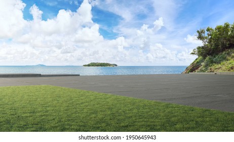 Concrete road floor and big garden with sea view. 3d illustration of empty green grass lawn.