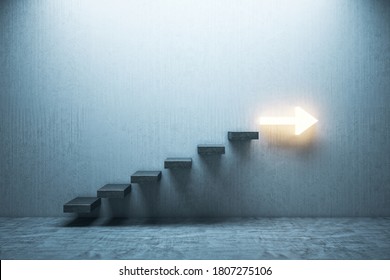 Concrete stairs to success with arrow on gray wall. Leadership and career development concept. 3D Rendering