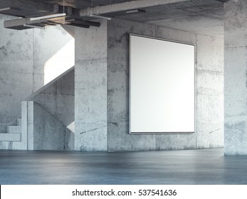 Concrete Stairway With Big Blank Square Billboard. 3d Rendering