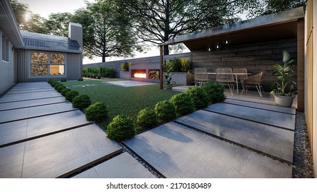 Concrete Steps Pavers, Landscape 3d Rendering, House Lawn, USA, 2020