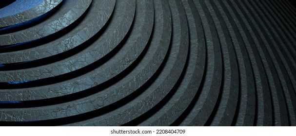 Concrete Style Abstract Minimal Wavy Or Curve Lines Architecture Design Black Background Rough Texture, 3D Illustration