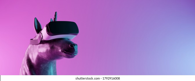 Concrete unicorn statue with virtual reality headset on neon light background. Creative idea. Technology concept. 3d rendering