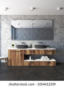 Concrete wall bathroom interior with a concrete floor, and a double sink standing on a wooden shelf. A large horizontal mirror is hanging above it. 3d rendering