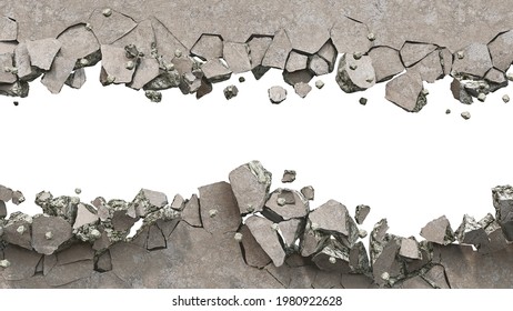 Concrete wall is broken up into the pieces, a horizontal breakdown on a white background, 3d illustration