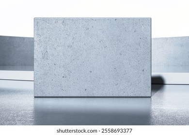 Concrete wall centered on a reflective surface with a white background, showcasing a clean and modern design concept for branding or exhibitions. 3D Rendering. - Powered by Shutterstock