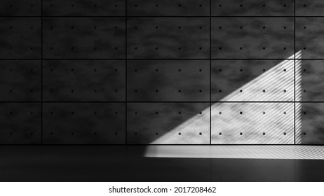 Concrete Wall In Empty Loft With Sunlight Goes Through Window Blind. High Quality 3d Illustration. Background With No People.