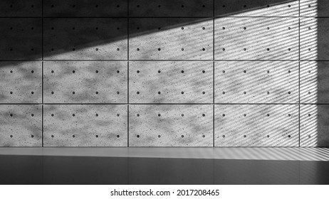 Concrete Wall In Empty Loft With Sunlight Goes Through Window Blind. High Quality 3d Illustration. Background With No People.