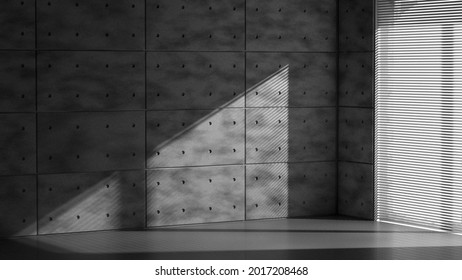 Concrete Wall In Empty Loft With Sunlight Goes Through Window Blind. High Quality 3d Illustration. Background With No People.