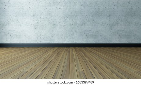 Concrete Wall Empty Room With Black Plinth And Wooden Floor 3d Rendering