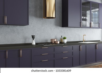 Concrete Wall Kitchen Corner With A Wooden Floor And Dark Purple Countertops. A Close Up. 3d Rendering Mock Up