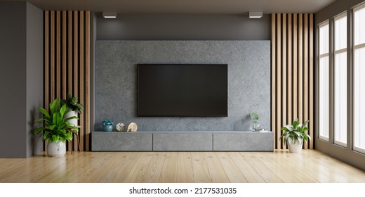 Concrete Wall Mounted Tv In Modern Living Room.3d Rendering