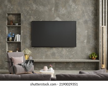 Concrete Wall Mounted Tv On Cement Shelf In Living Room With Dark Brown Sofa.3D Rendering