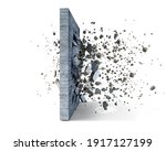 Concrete wall on a white background shatters into the pieces, 3d illustration