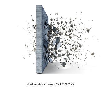 Betonmauer auf weißem Hintergrund zersplittert in die Stücke, 3D-Illustration